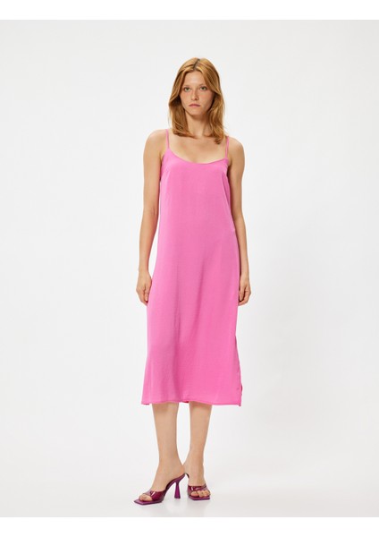 Ince Askılı Midi Boy Elbise Yırtmaç Detaylı Krep Kumaş modelleri