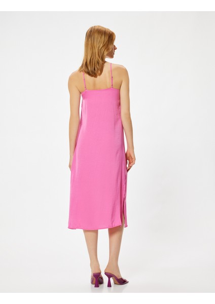 Ince Askılı Midi Boy Elbise Yırtmaç Detaylı Krep Kumaş fırsatları