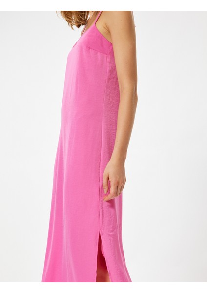 Ince Askılı Midi Boy Elbise Yırtmaç Detaylı Krep Kumaş indirimleri