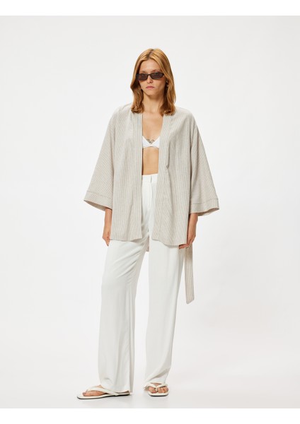 Keten Oversize Kimono Geniş Uzun Kol Kuşak Detaylı