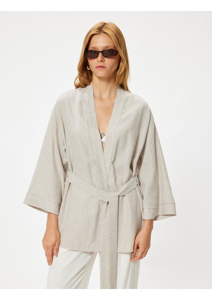 Keten Oversize Kimono Geniş Uzun Kol Kuşak Detaylı