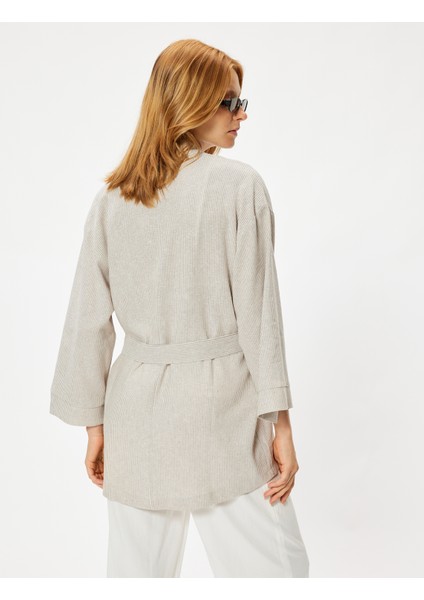 Keten Oversize Kimono Geniş Uzun Kol Kuşak Detaylı