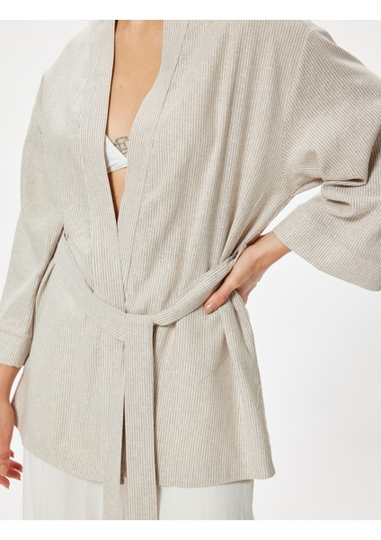Keten Oversize Kimono Geniş Uzun Kol Kuşak Detaylı