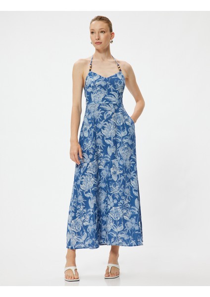 Çiçekli Boyundan Bağlamalı Elbise Midi Boy Keten Karışımlı Cepli