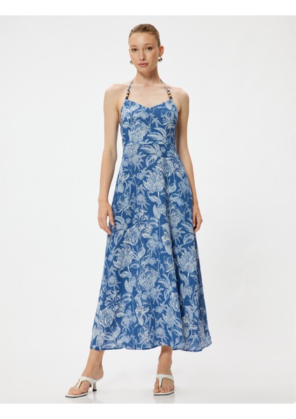 Çiçekli Boyundan Bağlamalı Elbise Midi Boy Keten Karışımlı Cepli modelleri