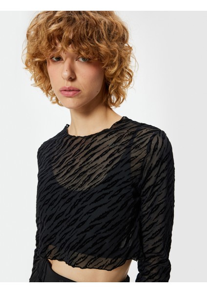 Spor Tişört Crop Uzun Kollu Bisiklet Yaka Zebra Desenli Slim Fit fiyatları