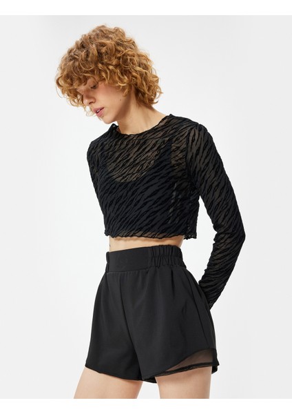 Spor Tişört Crop Uzun Kollu Bisiklet Yaka Zebra Desenli Slim Fit modelleri
