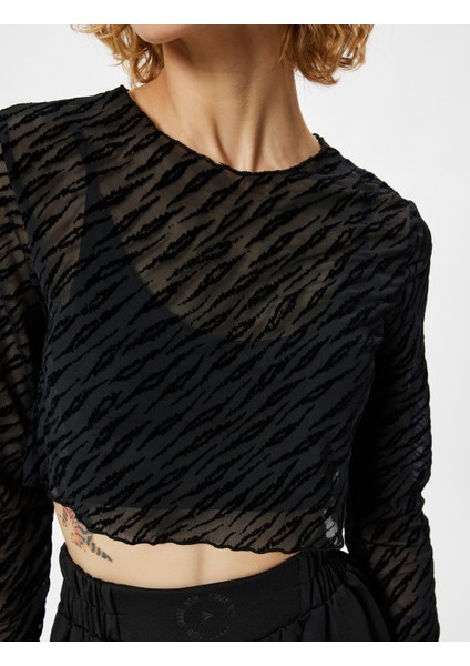 Spor Tişört Crop Uzun Kollu Bisiklet Yaka Zebra Desenli Slim Fit indirimleri