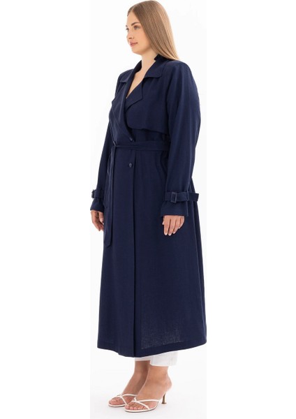 Kruvaze Yaka Büyük Beden Kemer Detaylı Lacivert Kadın Pardösü 10002412614001 fiyatları