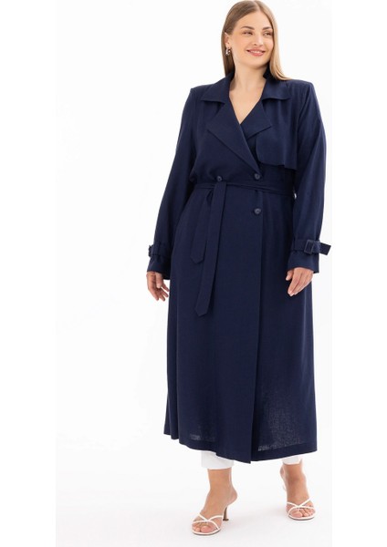Kruvaze Yaka Büyük Beden Kemer Detaylı Lacivert Kadın Pardösü 10002412614001 fırsatları