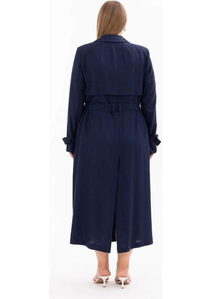 Kruvaze Yaka Büyük Beden Kemer Detaylı Lacivert Kadın Pardösü 10002412614001 indirimleri