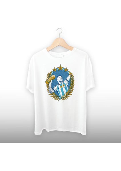 Messi ve Kupa Çizimi Detaylı Unisex Tişört