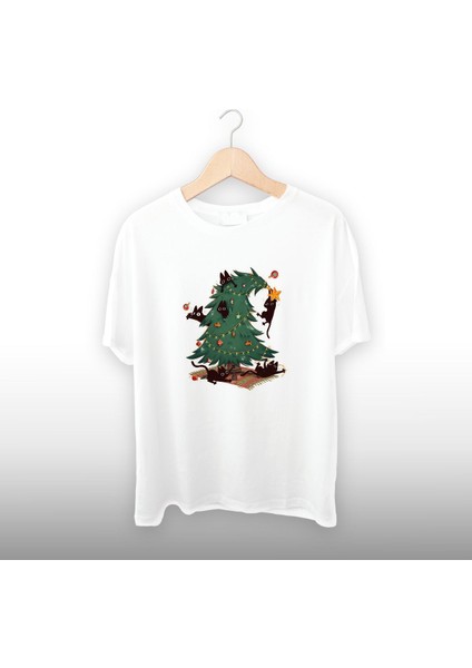 Yılbaşı Ağacı Kediler Detaylı Unisex Tişört