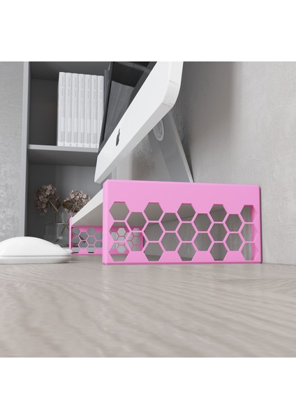 Monitör Yükseltici Model No : 1 - Pembe Bilgisayar Ekran Yükseltici - Pembe Renkli Altıgen Desenli Tasarım - Beyaz Mdflam