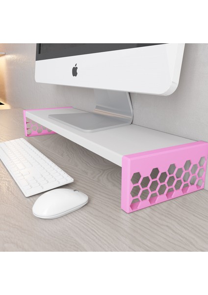 Monitör Yükseltici Model No : 1 - Pembe Bilgisayar Ekran Yükseltici - Pembe Renkli Altıgen Desenli Tasarım - Beyaz Mdflam