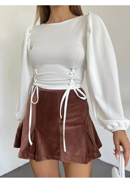 Fav Style Kadın Balon Kol Beli Kuşgözü Bağlama Detaylı Crop Bluz