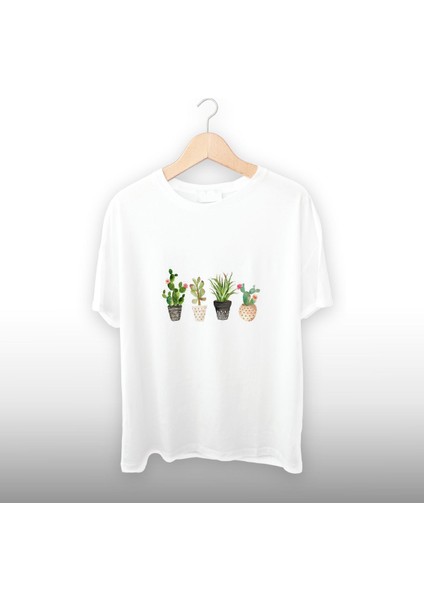 Kaktüs Çiçekler Detaylı Unisex Tişört