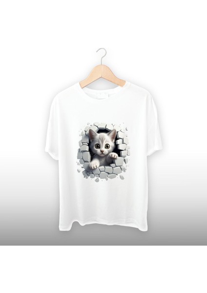 Duvar Kırığı Beyaz Kedi Unisex Tişört