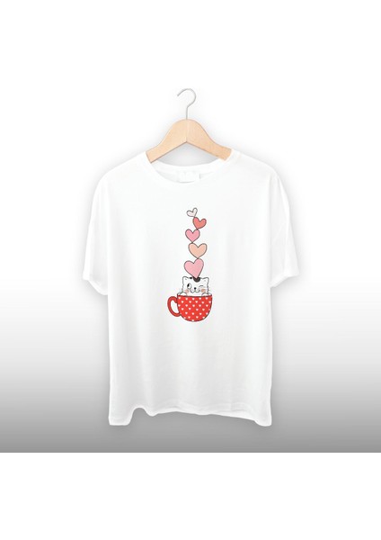 Kedi Fincan Kalp Detaylı Unisex Tişört