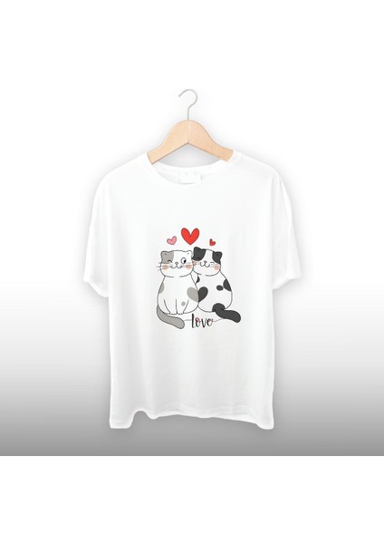 Kedi Sevgililer Love Detaylı Unisex Tişört