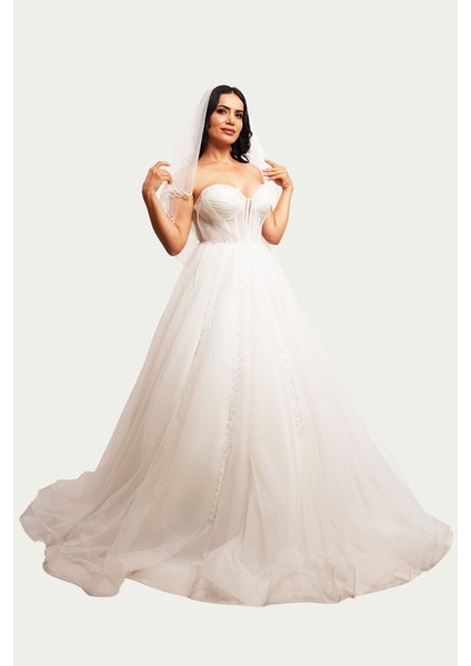 Inci Beyazı Drape, Transparan Detaylı Helen Model Gelinlik fırsatları