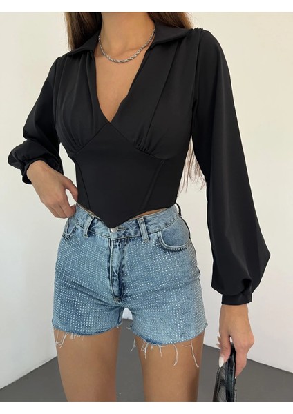 Fav Style Kadın Polo Yaka Dekolteli Beli Korse Detaylı Uzun Kol Bluz