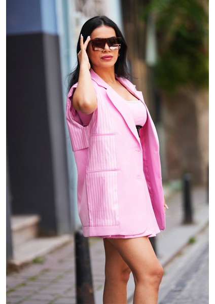 Pembe Çizgi Detaylı Yelek ve Etek Ikili Takım modelleri