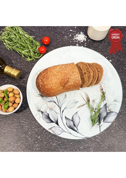 Kanallı Cam Kesme Tahtası - Cam Kesme Tablası | Dark Floral | Çap32cm | Patentli Ürün