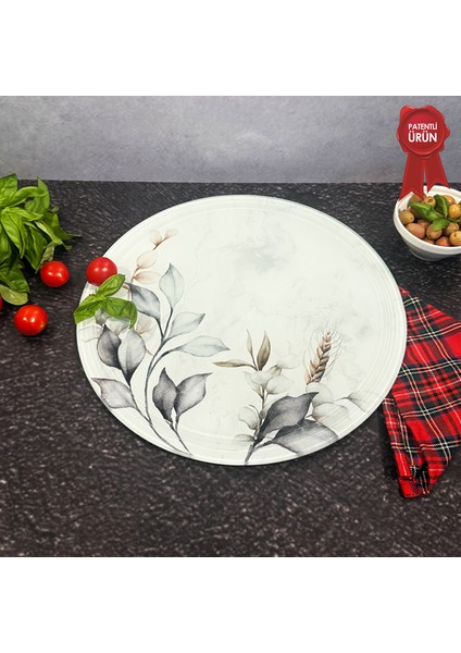 Kanallı Cam Kesme Tahtası - Cam Kesme Tablası | Dark Floral | Çap32cm | Patentli Ürün modelleri