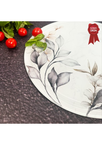 Kanallı Cam Kesme Tahtası - Cam Kesme Tablası | Dark Floral | Çap32cm | Patentli Ürün indirimleri