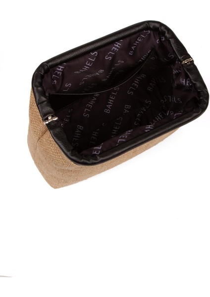 Kadın Siyah Renk Detaylı Jüt Hasır Portföy & Clutch Çanta