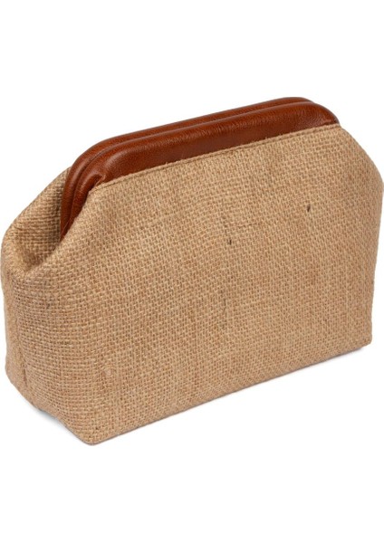 Kadın Kahve Renk Detaylı Jüt Hasır Portföy & Clutch Çanta