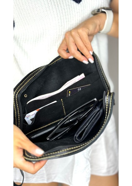%100 Gerçek Deri El Yapımı Erkek Kadın El Çantası Kartlıklı, Portföy ,clutch Siyah Taba