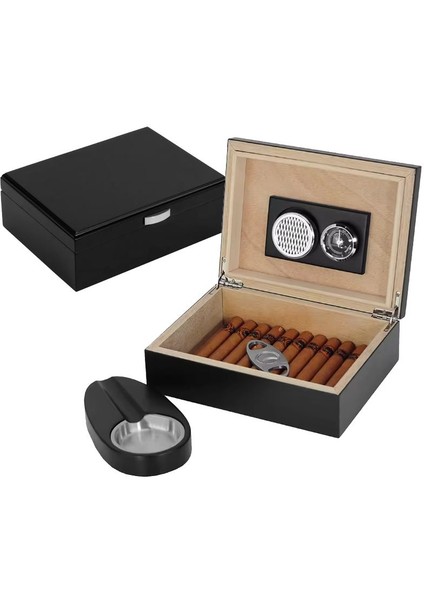 Küçük Mat Siyah Humidor Puro Kutusu Küllük Makas Seti RD26