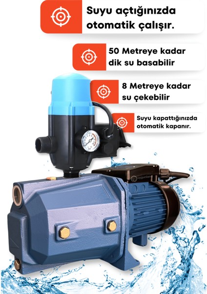 JET100P Set Hidrofor Otomatik Su Pompası 1 Hp 1 Inç Seviye Kontrol Cihazı Otomatik Aç-Kapa Hidrofor Pompa - Hediye Setli