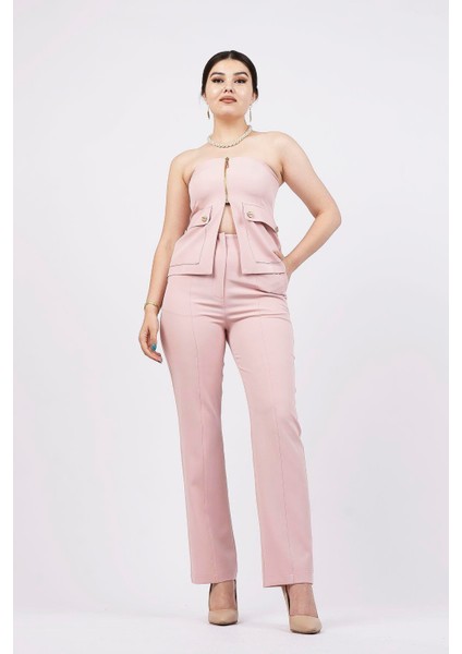 Straplez Fermuarlı Bluz Pantolon Takım