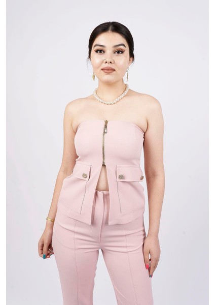 Straplez Fermuarlı Bluz Pantolon Takım fiyatları