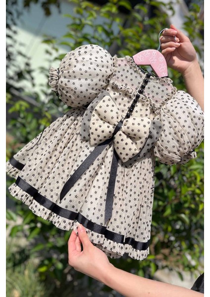 Çiçek Baskılı Şifon Tül Abiye Kız Çocuk Bebek Kısa Kol Camel Siyah Elbise