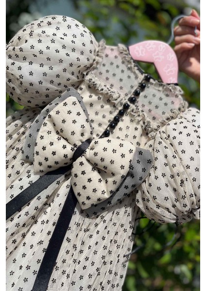 Çiçek Baskılı Şifon Tül Abiye Kız Çocuk Bebek Kısa Kol Camel Siyah Elbise modelleri