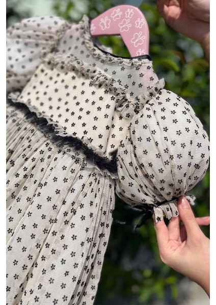 Çiçek Baskılı Şifon Tül Abiye Kız Çocuk Bebek Kısa Kol Camel Siyah Elbise fırsatları