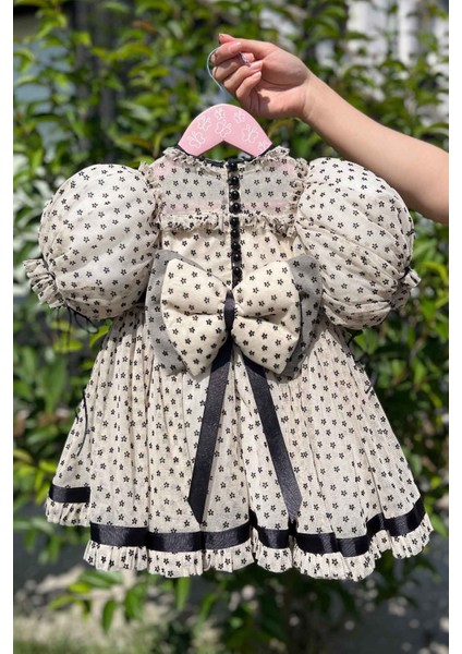 Çiçek Baskılı Şifon Tül Abiye Kız Çocuk Bebek Kısa Kol Camel Siyah Elbise indirimleri