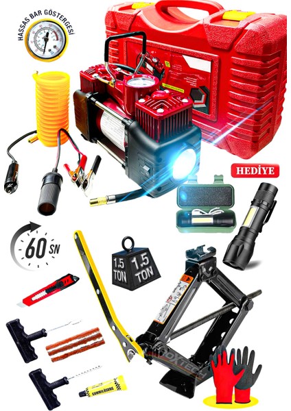 Combo 12V 150PSI Ağır Hizmet Çift Silindirli Çantalı Hava Kompresörü 1500KG Cırcırlı Kriko Set