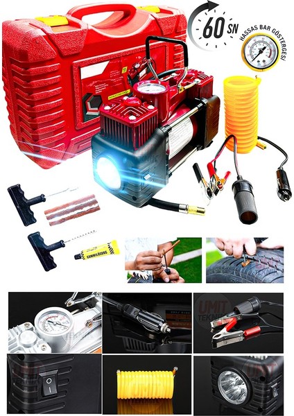Combo 12V 150PSI Ağır Hizmet Çift Silindirli Çantalı Hava Kompresörü 1500KG Cırcırlı Kriko Set