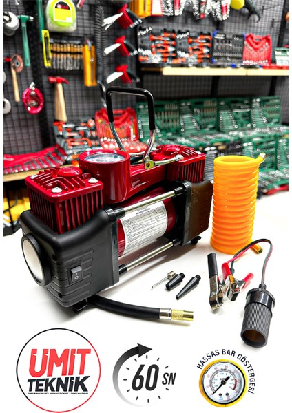 Combo 12V 150PSI Ağır Hizmet Çift Silindirli Çantalı Hava Kompresörü 1500KG Cırcırlı Kriko Set