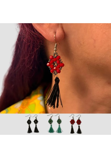 El Yapımı Kristal Boncuk Küpe 3'lü Set - Siyah / Turkuaz / Kırmızı (Siyah Püsküllü)