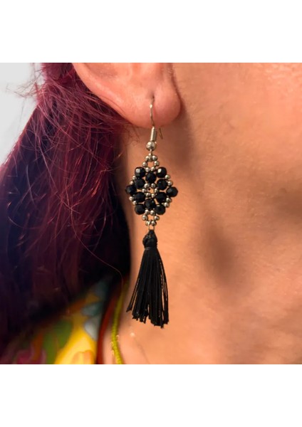 El Yapımı Kristal Boncuk Küpe 3'lü Set - Siyah / Turkuaz / Kırmızı (Siyah Püsküllü) fırsatları