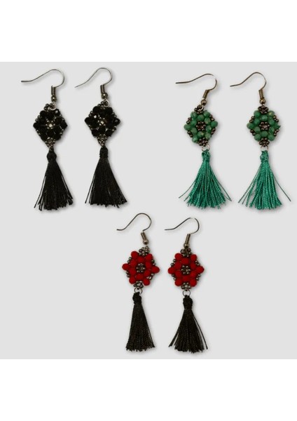 El Yapımı Kristal Boncuk Küpe 3'lü Set - Siyah / Turkuaz / Kırmızı (Siyah Püsküllü) indirimleri