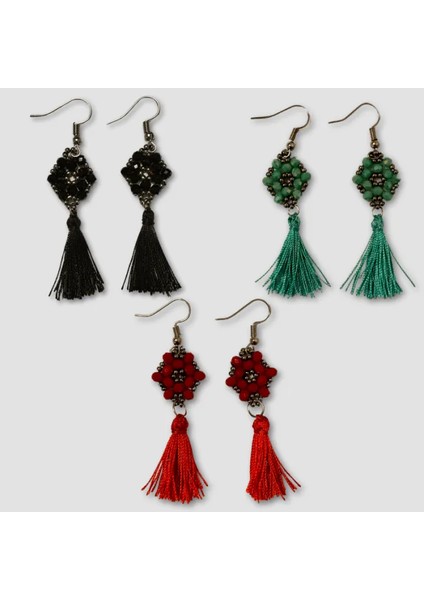 El Yapımı Kristal Boncuk Küpe 3'lü Set - Siyah / Turkuaz / Kırmızı (Kırmızı Püsküllü) fırsatları