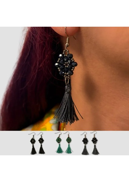 El Yapımı Kristal Boncuk Küpe 3'lü Set - Siyah / Turkuaz / Füme