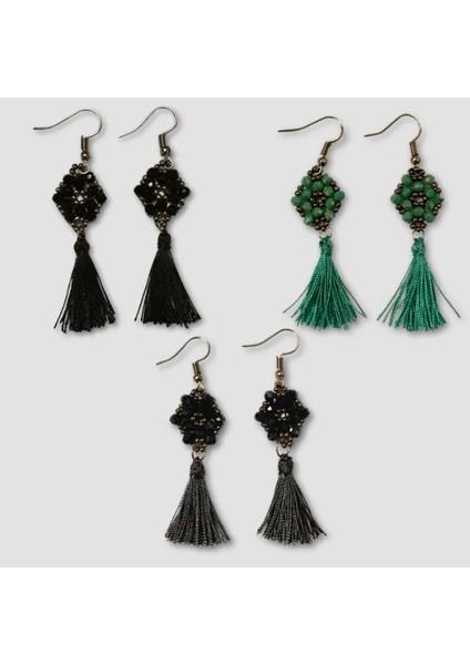 El Yapımı Kristal Boncuk Küpe 3'lü Set - Siyah / Turkuaz / Füme fırsatları